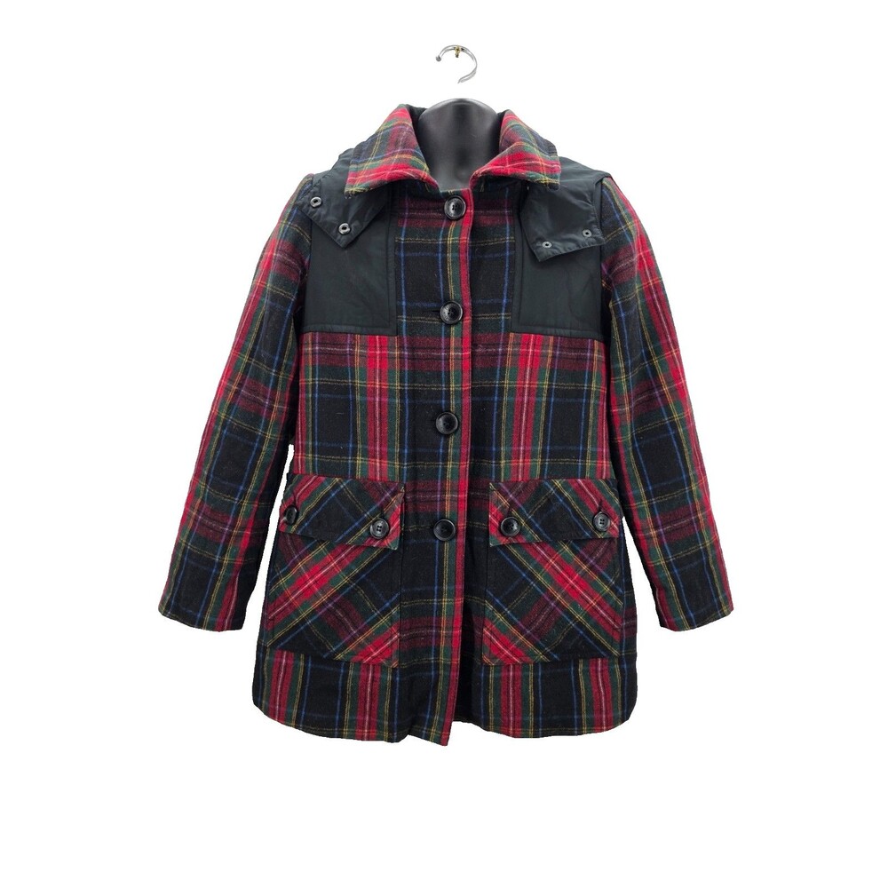 PENDLETON Black Red Green Plaid Wool Coat Size 6 Quilted Lining Tartan Hooded